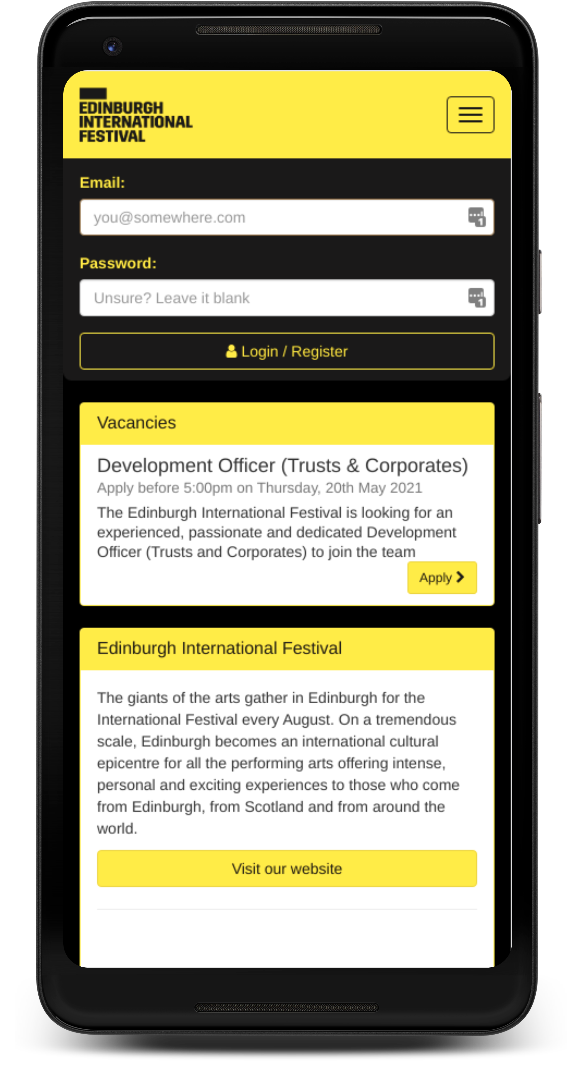 The homepage of Edinburgh International Festival's teamdetails site displayed on a mobile phone.